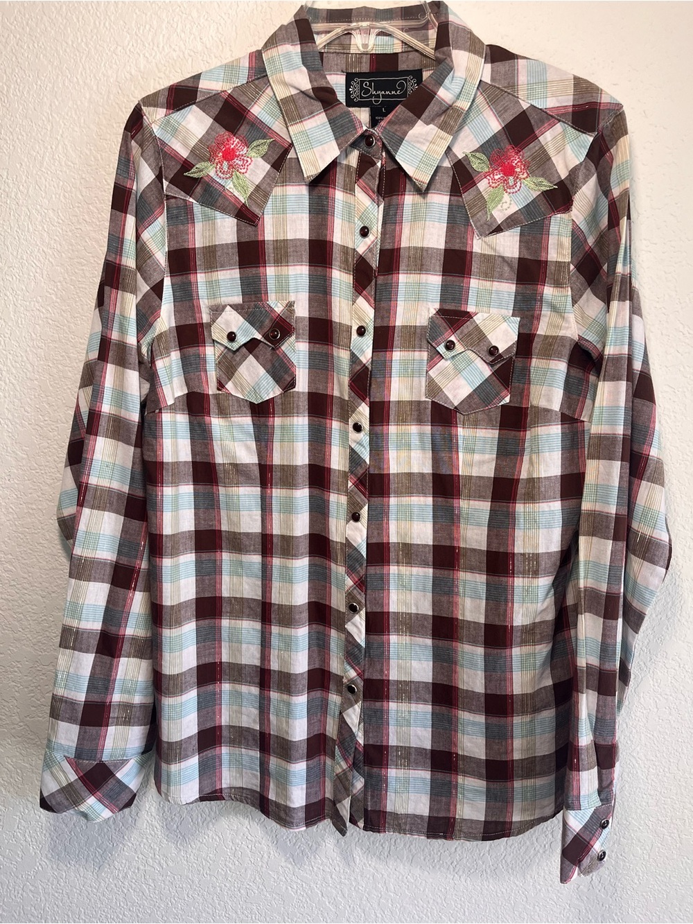Shyanne Western Plaid Button-Down Shirt Multicolor Cotton Black Snap Metallic L